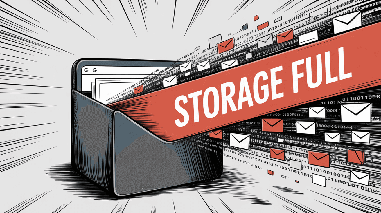 Gmail storage completely full warning showing overflowing container with emails and storage full alert